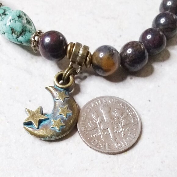 A Bit Hippie & A Bit Boho! Semi-Precious Stones Bracelet w. Moon Charm! 8" Wrist - Picture 3 of 13